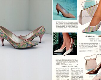 希少 60s~ Vintage Suede Design Heel Shoes Vintage 1960s High Heels, Black Suede With Needlepoint