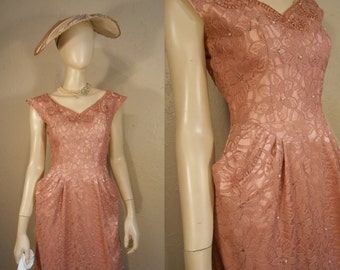 The Most Beautiful Kisses - Vintage 1950s Mauve Pink Lace Dress w/Rhinestone Faux Pearl Detail - 4/6