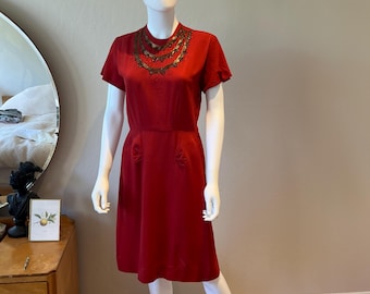 Ava Waiting - Vintage 1940s Tomato Red Rayon Beaded Cocktail Dress - 4/6