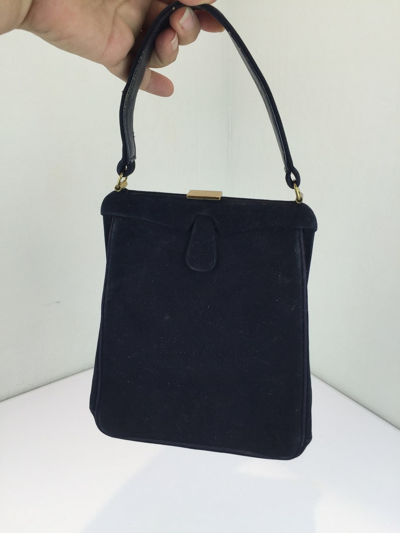 Stylish Ladies of '48 Vintage 1940s 1950s Michel of Coronet Navy Blue Suede Leather Tall Slender Handbag Purse image 3