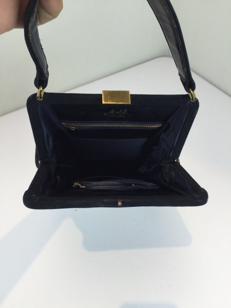 Stylish Ladies of '48 Vintage 1940s 1950s Michel of Coronet Navy Blue Suede Leather Tall Slender Handbag Purse image 7