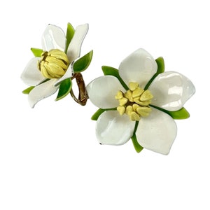 Southern Styles Vintage 1960s Sarah Coventry White Enamel Magnolia Floral Clip On Earrings image 3