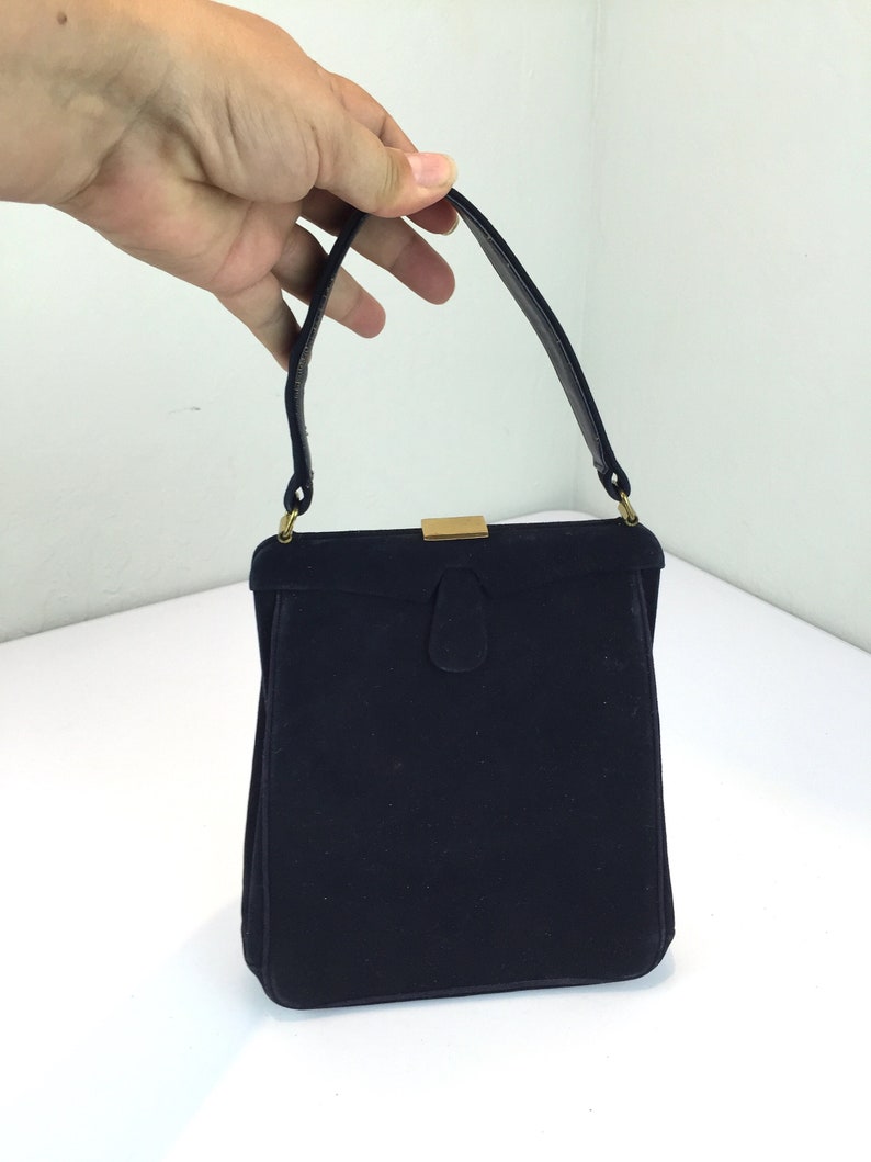 Stylish Ladies of '48 Vintage 1940s 1950s Michel of Coronet Navy Blue Suede Leather Tall Slender Handbag Purse image 1