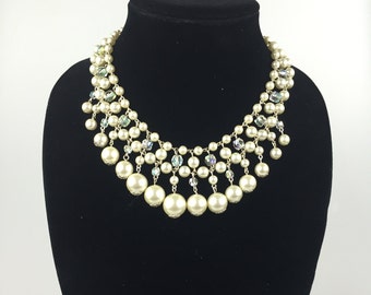 She Got That Party Started - Vintage 1950s Ivory Simulated Pearl & Facet Cut AB Bead Dangle Bib Choker Necklace