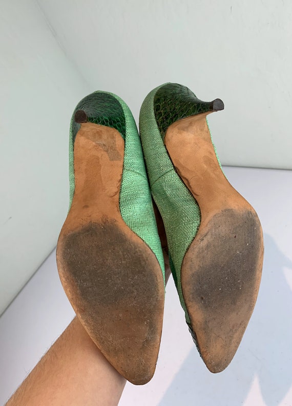 She Was Vivacious Vintage 1950s 1960s Grass Green Linen Emerald Green Reptile Pumps Shoes Heels 7 1 2B Etsy Mexico