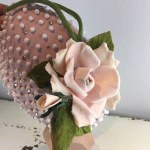 Yet....She Thought She Had Vintage 1950s Pale Pink White Bead & Rhinestone Mini Pancake Hat w/Standing Rose image 1