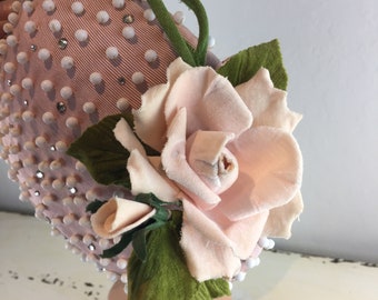 Yet....She Thought She Had - Vintage 1950s Pale Pink White Bead & Rhinestone Mini Pancake Hat w/Standing Rose