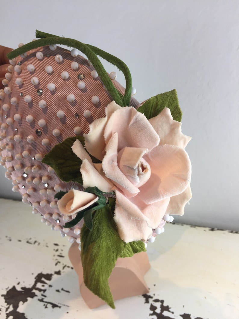 Yet....She Thought She Had Vintage 1950s Pale Pink White Bead & Rhinestone Mini Pancake Hat w/Standing Rose image 1