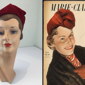 Geometric Charm Vintage 1930s Ruby Red Velvet Deco Stitch Work Sculpted Turban Styled Hat image 2