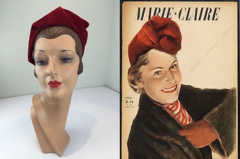 Geometric Charm Vintage 1930s Ruby Red Velvet Deco Stitch Work Sculpted Turban Styled Hat image 2