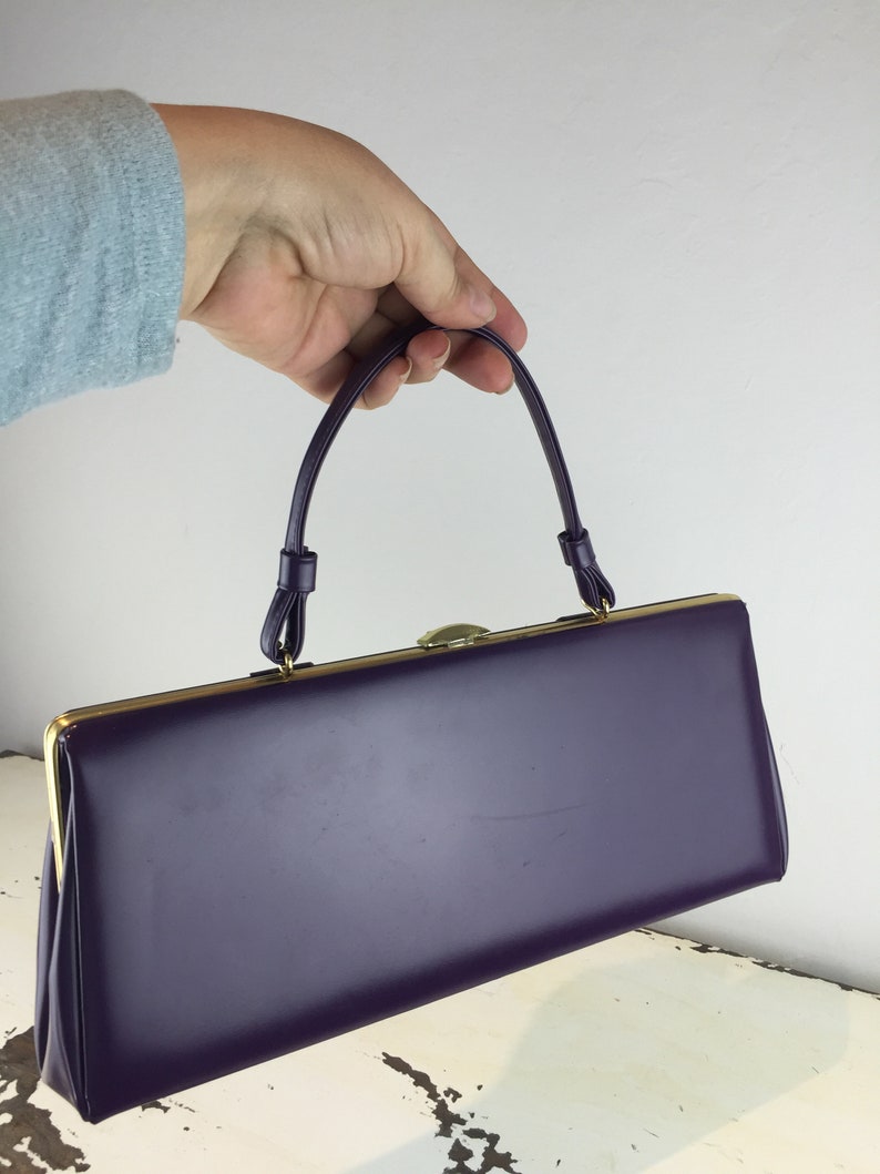 Vintage 1950s 1960s Dark Purple Plum Faux Leather Baguette Handbag Purse The Long /& Short of It Rare Colour