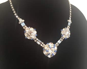 A Burst at Her Neckline - Vintage 1940s Blue & Clear Rhinestone Large Medallion Necklace