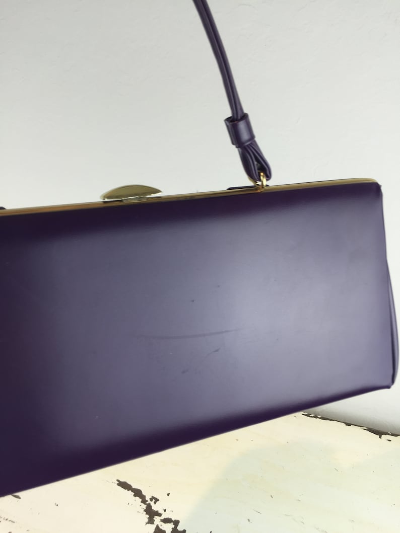 Vintage 1950s 1960s Dark Purple Plum Faux Leather Baguette Handbag Purse The Long /& Short of It Rare Colour