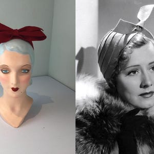 May include: A vintage-style headband with a large burgundy bow, displayed on a mannequin head with blue eyes and red lips. The image also shows a black and white photo of a woman wearing a pleated hat with a feather accent.