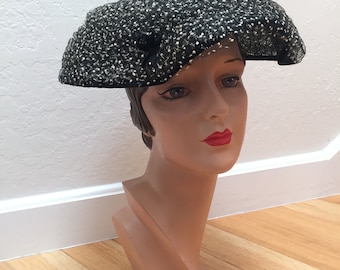 That Iconic Look - Vintage 1950s Black Mushroom Dior Styled Wide Brim Hat w/White Chenille Netting