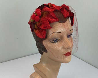 Most Wanted Of Course - Vintage 1950s Bright Red Velvet Berry & Leaf Half Hat Cocktail Hat w/Veil