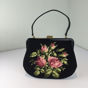 Gathering of Roses - Vintage 1950s 1960s Black Tapestry Needlepoint Handbag w/Roses Rosebuds