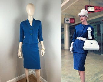 Curvy On Arrival - Vintage 1950s 1960s Glasgo Cyan Blue Wool Top & Skirt Set - S