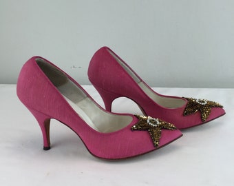 Vixen Struts - Vintage 1950s 1960s Fuchsia Pink Peau de Soie & Beaded Heels - 5