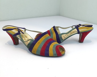 Neapolitan Adventures - Vintage 1930s 1940s Ferragamo Colourful Multi Stripe Suede Leather Dress Heels - 8 1/2 B - Rare