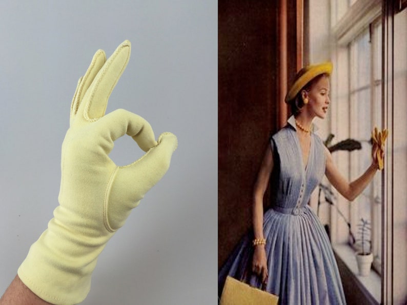 Alas She Had Waited Long Enough Vintage 1950s 1960s Shalimar Banana Yellow Nylon Over Wrist Gloves 7 image 2