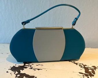 Step Brightly - Vintage 1950s 1960s Cyan Teal Blue & Light Blue Vinyl Handbag Purse