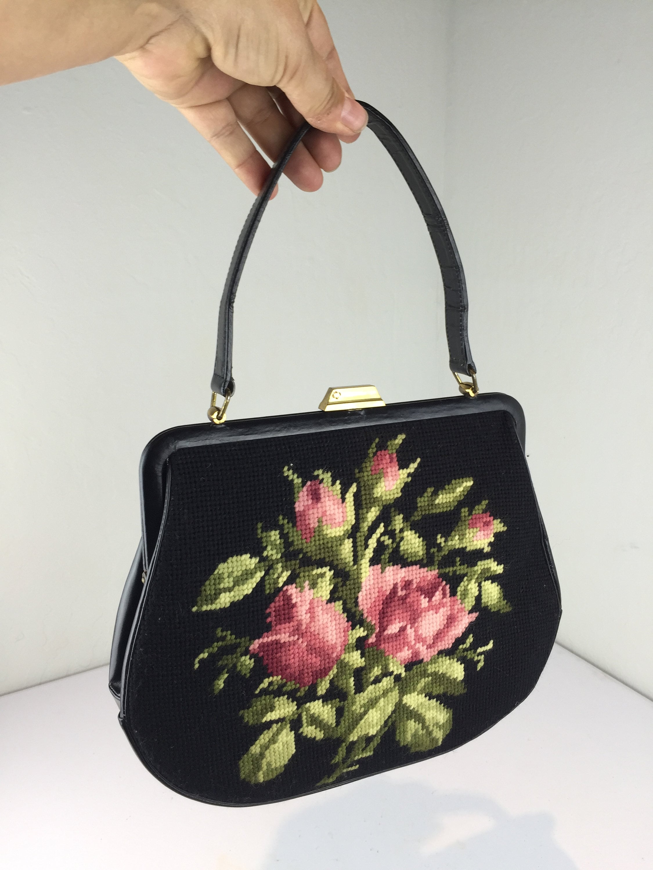 Gathering of Roses - Vintage 1950s 1960s Black Tapestry
