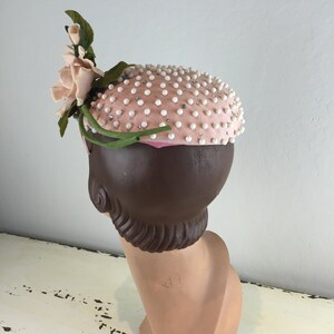 Yet....She Thought She Had Vintage 1950s Pale Pink White Bead & Rhinestone Mini Pancake Hat w/Standing Rose image 8