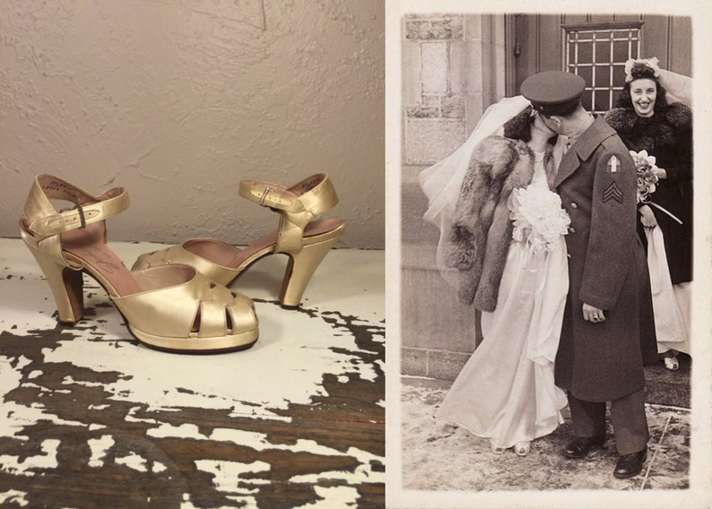 War Time Wedding Bliss Vintage WW2 1940s Ivory Satin Platform Wedding Pumps Shoes Heels 5 1/2AA image 2