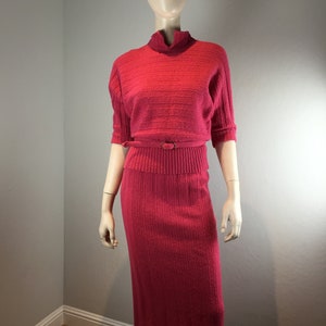 Agnes & Penny Have a Powerful Punch Vintage 1950s Bermuda Punch Pink Wool Knit Sweater Skirt Set M image 10