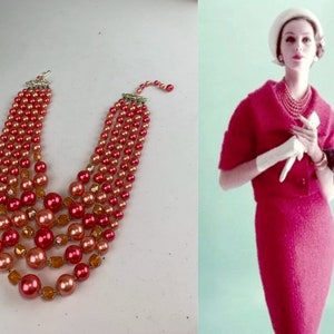 Awaiting Spring Vintage 1950s 1960s Coral & Amaranth Pink Pearl Beads 5 Strand Necklace image 2