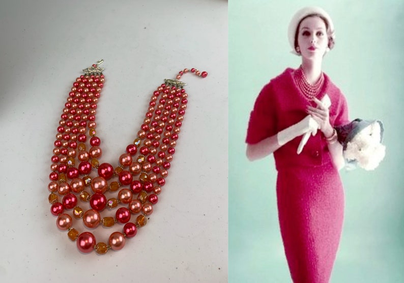Awaiting Spring Vintage 1950s 1960s Coral & Amaranth Pink Pearl Beads 5 Strand Necklace image 2