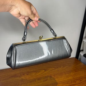 Step Into It - Vintage 1950s 1960s Grey A Frame Long Vinyl Handbag Purse