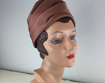 Mitzy & Camille Jetting Away - Vintage 1950s 1960s Mr John Russet Tawny Satin Turban Hat