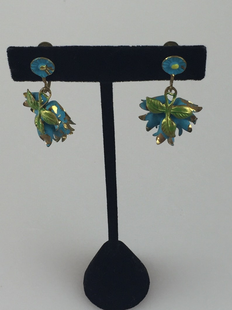 The Wings of a Dove Vintage 1890s 1900s Edwardian Blue & Green BlueBells Painted on Brass Screw Back Earrings Rare image 3