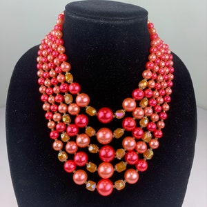 Awaiting Spring Vintage 1950s 1960s Coral & Amaranth Pink Pearl Beads 5 Strand Necklace image 3