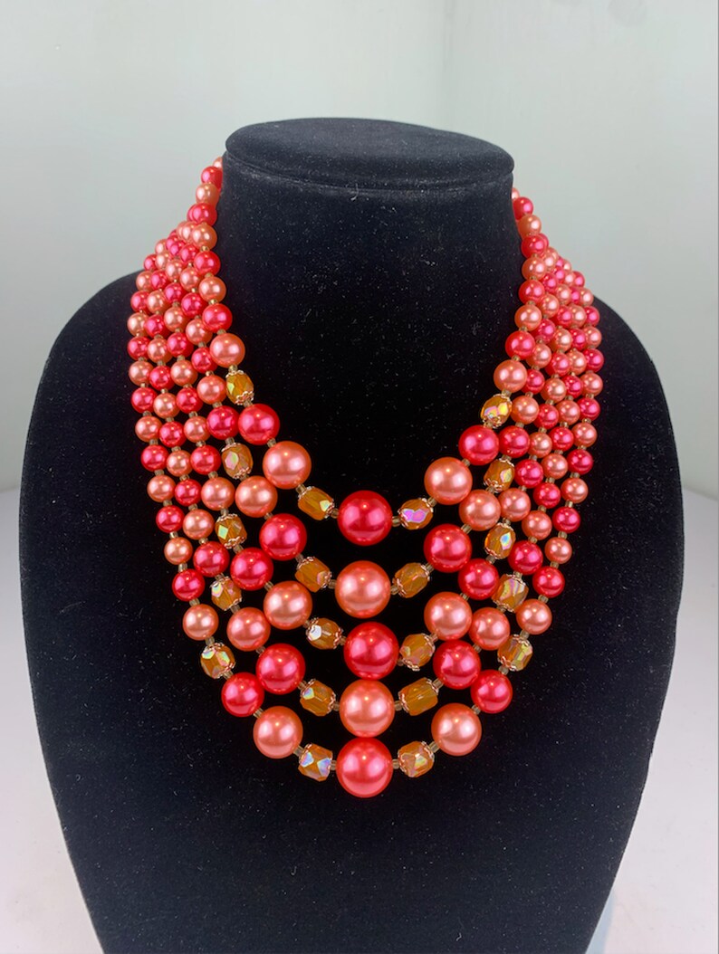 Awaiting Spring Vintage 1950s 1960s Coral & Amaranth Pink Pearl Beads 5 Strand Necklace image 3