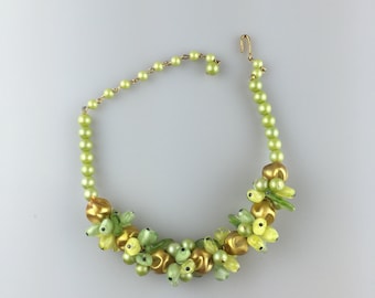 Tropical Fruit at Her Neck - Vintage 1950s Shades of Pear Green & Chartreuse Glass Fruit Necklace Choker
