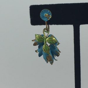 The Wings of a Dove Vintage 1890s 1900s Edwardian Blue & Green BlueBells Painted on Brass Screw Back Earrings Rare image 5
