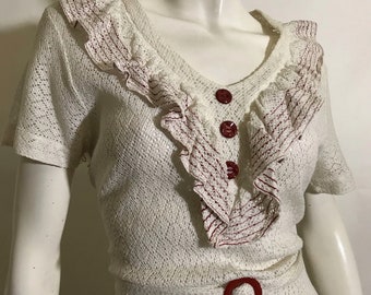 Lace It Up Lace It Down - Vintage 1930s Ivory Open Work Rayon Lace Dress w/Oxblood Bakelite Buttons M/L