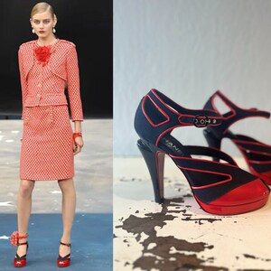 CHANEL NIB Runway Demin & Red Patent Platform Heels 39 1/2 EU 9M image 2