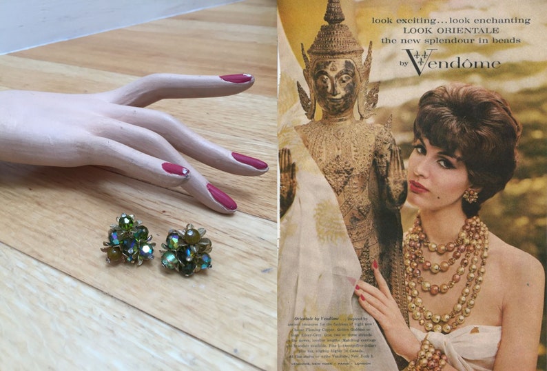 Subtle Sparkles Vintage 1950s 1960s Vendome Olive Fern Green Cut Crystal Glass Clip Earrings image 2