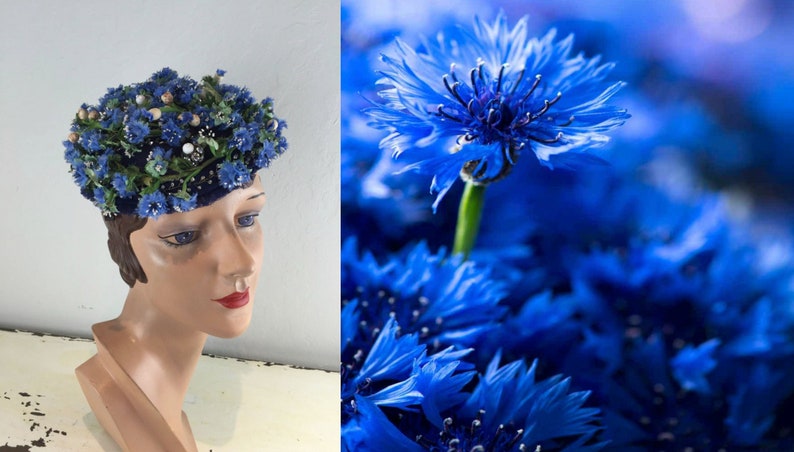 The Spritely Dance of Cornflowers Vintage 1950s Cornflower Rhinestone Bibi Mini PillBox Hat image 2