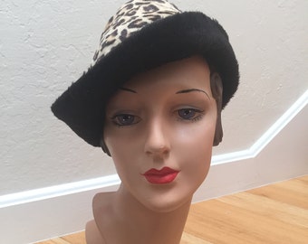 Avenue Book Browsing - Vintage 1950s 1960s Faux Fur Leopard Cloche Beehive Slouch Convertible Hat