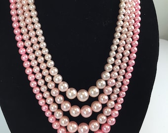 Too Pink and Pure - Vintage 1950s 1960s Shades of Pink Ombre 4 Strand Faux Pearl Necklace