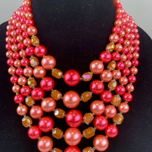 Awaiting Spring Vintage 1950s 1960s Coral & Amaranth Pink Pearl Beads 5 Strand Necklace image 4