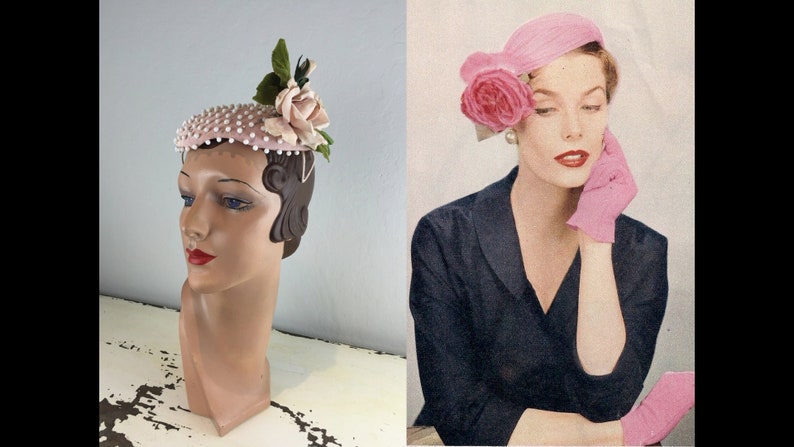 Yet....She Thought She Had Vintage 1950s Pale Pink White Bead & Rhinestone Mini Pancake Hat w/Standing Rose image 2