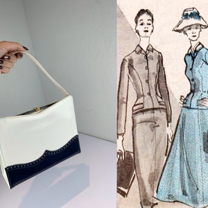 Just Us Gals Vintage 1960s White & Navy Blue Spectator Vinyl Faux Leather Handbag Purse image 2