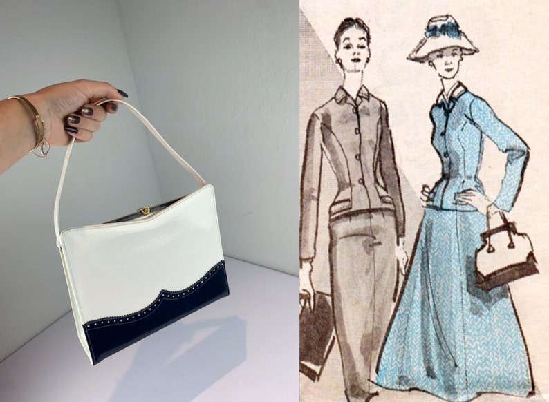 Just Us Gals Vintage 1960s White & Navy Blue Spectator Vinyl Faux Leather Handbag Purse image 2