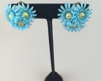 Allison Wentworth & Friend  - Vintage 1950s 1960s Aqua Turquoise Blue Soft Plastic Floral Clip On Earrings